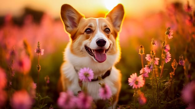 Cute, beautiful dog in a field with flowers in nature, in sunny pink rays. Environmental protection, nature pollution problem, wild animals. Advertising for a travel agency, pet store, veterinary clinic, phone screensaver, beautiful pictures, puzzles