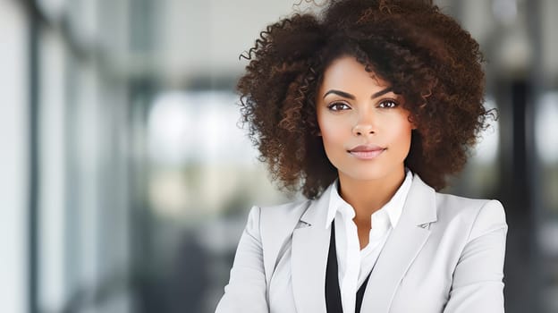 Portrait of a stylish, elegant, authoritative young woman, business woman in a white office. African American woman with dark skin and curly hair is wearing a shirt and jacket, suit, dress code.