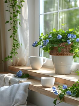 A houseplant sits on a window sill next to cups, adding a touch of nature to the interior design of the property. The wooden table complements the flowerpot and dishware