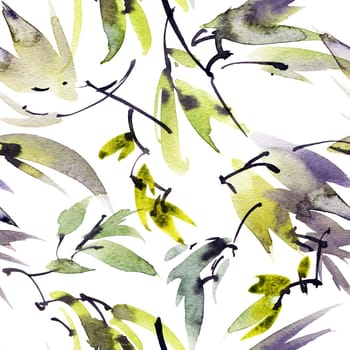Watercolor tree leaves, seamless pattern, hand drawn artistic painting in sumi-e style, japanese painting, chinese painting
