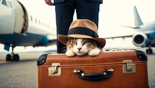 Traveler cat at airport, private jet awaits. Cat adorned with stylish hat sits atop suitcase, evoking sense of companionship in travel