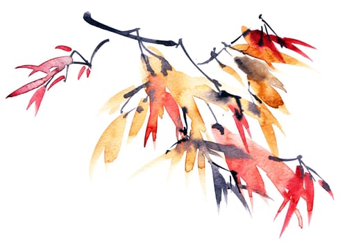 Autumn tree branch with orange and red leaves on white background. Hand drawn artistic painting in sumi-e style, Japanese painting, Chinese painting.