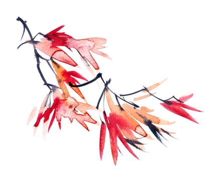 Autumn tree branch with orange and red leaves on white background. Hand drawn artistic painting in sumi-e style, Japanese painting, Chinese painting.