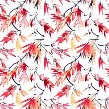 Autumn tree leaves with red and orange leaves, seamless pattern, hand drawn watercolor and ink painting in sumi-e style, Japanese painting, Chinese painting