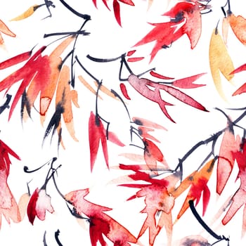 Autumn tree leaves with red and orange leaves, seamless pattern, hand drawn watercolor and ink painting in sumi-e style, Japanese painting, Chinese painting