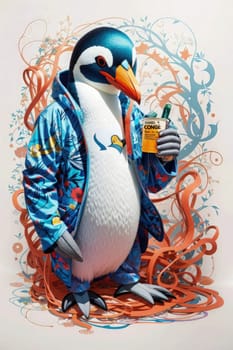 Penguin with juice drink in his hand. AI Generated.