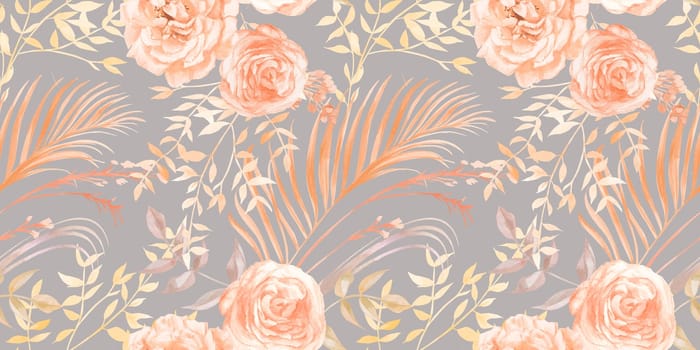 Pattern with watercolor roses flowers and twigs