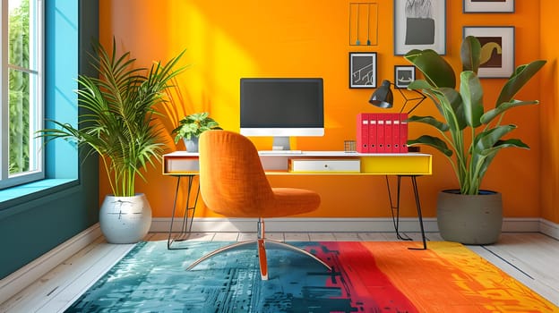 A vibrant home office with orange walls, a desk, chair, and houseplants to add color and life to the interior design of the room