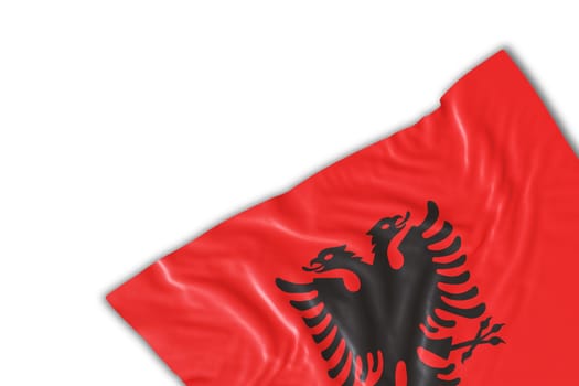 Realistic flag of Albania with folds, isolated on white background. Footer, corner design element. Perfect for patriotic themes or national event promotions. Empty, copy space. 3D render