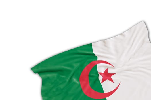 Realistic flag of Algeria with folds, isolated on white background. Footer, corner design element. Perfect for patriotic themes or national event promotions. Empty, copy space. 3D render