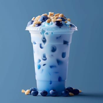 An electric blue frozen dessert served in a porcelain cup, topped with blueberries and cereal. This artistic creation combines contrasting textures and flavors for a unique culinary experience