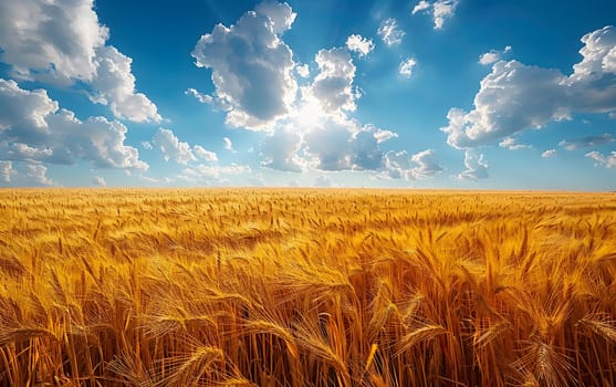 A serene natural landscape of a vast field of Khorasan wheat swaying in the wind under a blue sky with fluffy cumulus clouds, a perfect setting for people to connect with nature