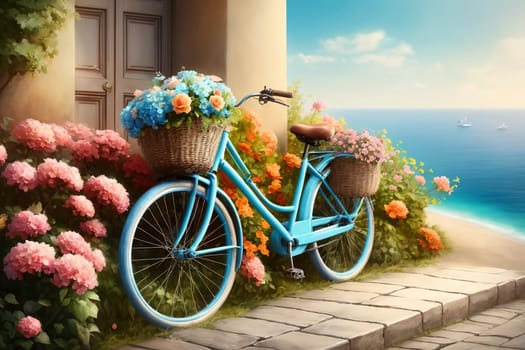 colorful bicycle with flowers, in pastel colors .