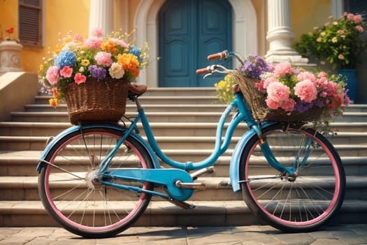 colorful bicycle with flowers, in pastel colors .