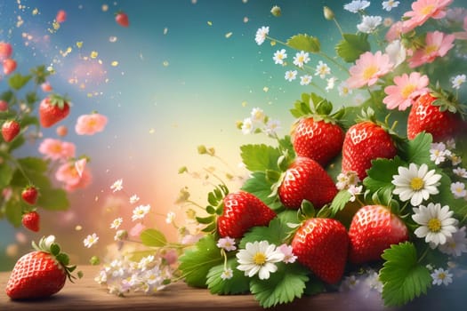 ripe strawberries with flowers, colorful background .