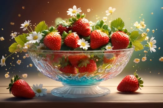 ripe strawberries with flowers, colorful background .