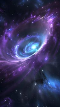 A stunning purple and blue galaxy with a black hole at its center, surrounded by a nebula, stars and astronomical objects. A mesmerizing astronomical and geological phenomenon in space