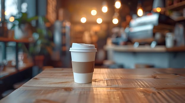 A cup of coffee rests on a wooden table in a cozy cafe, adding warmth to the hardwood flooring. The drinkware is a perfect match for the rustic tableware at this event