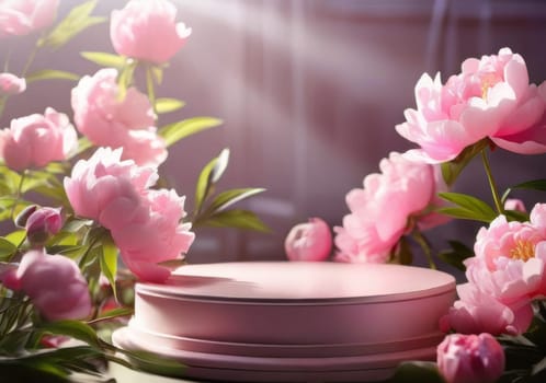 Low Empty Podium with background pink buds peonies flowers. Podium mockup for product 3d. spring table beauty stand display nature. Podium adorned with pink flowers, with sunlight streaming through petals. Display includes flowers arranged beautifully in the rose order