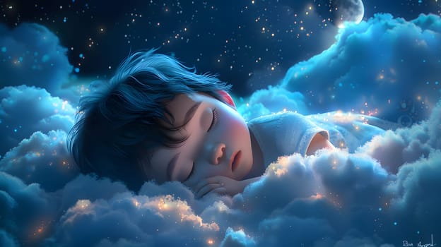 A child peacefully sleeps among the electric blue clouds in the night sky, dreaming of underwater adventures and astronomical objects in the darkness of space