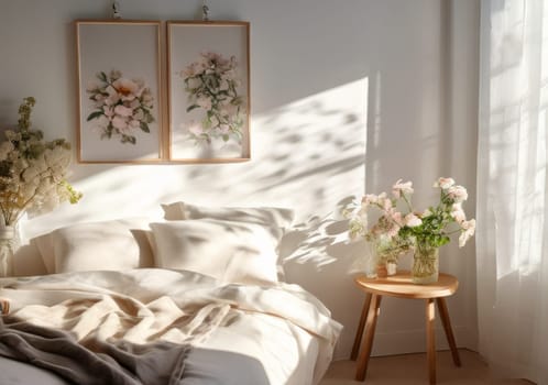 Modern Scandinavian white bedroom interior with flowers on wooden stool. posters above bed. Aesthetic and cozy bedroom with beautiful sunlight and shadows.