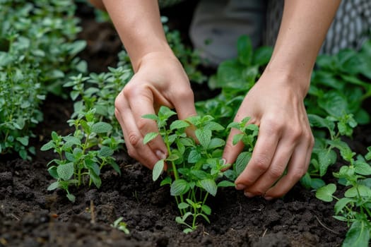 Close-up of hands planting herbs or vegetables in a small backyard garden. ai generated