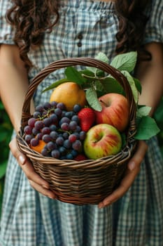 female Hands holding freshly picked basket with fruits. ai generated