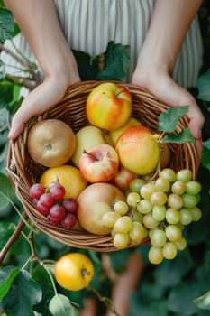 female Hands holding freshly picked basket with fruits. ai generated