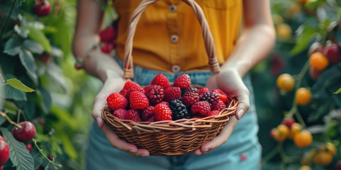 female Hands holding freshly picked basket with berries. ai generated