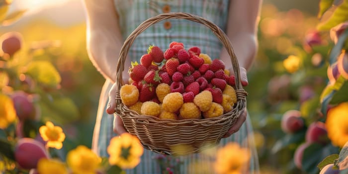 female Hands holding freshly picked basket with berries. ai generated