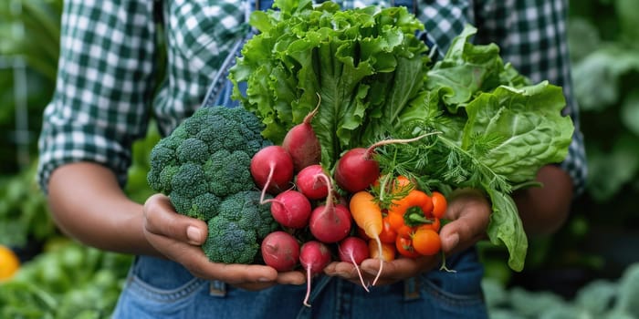 female Hands holding freshly picked vegetables from a local farmer's market. ai generated