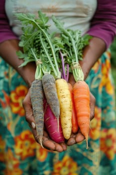 female Hands holding freshly picked vegetables from a local farmer's market. ai generated