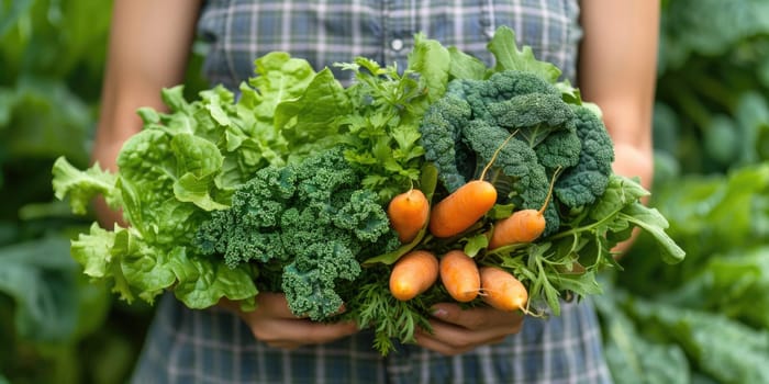 female Hands holding freshly picked vegetables from a local farmer's market. ai generated