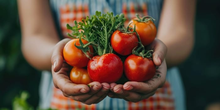 female Hands holding freshly picked vegetables from a local farmer's market. ai generated