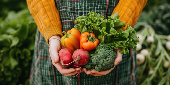 female Hands holding freshly picked vegetables from a local farmer's market. ai generated