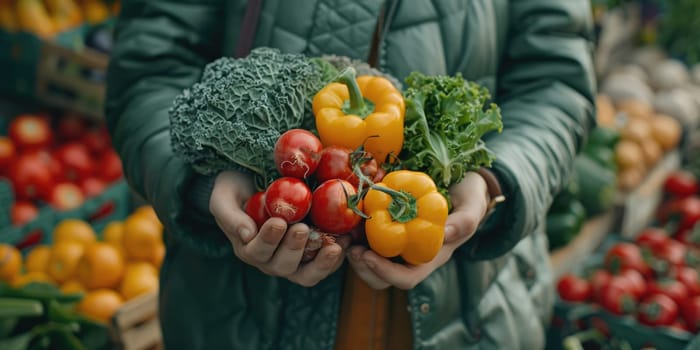 female Hands holding freshly picked vegetables from a local farmer's market. ai generated