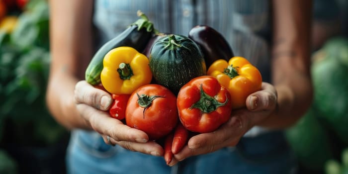 female Hands holding freshly picked vegetables from a local farmer's market. ai generated