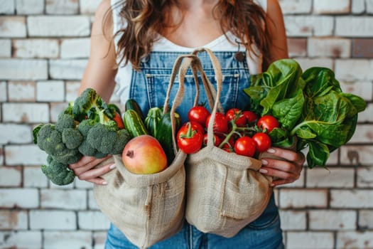 female Hands holding freshly picked vegetables in craft bag from a local farmer's market. ai generated