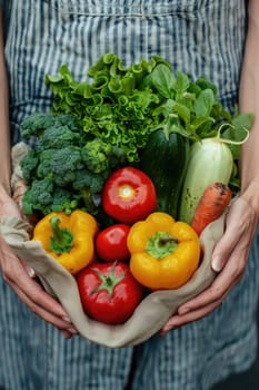 female Hands holding freshly picked vegetables in craft bag from a local farmer's market. ai generated