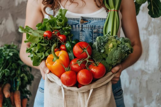 female Hands holding freshly picked vegetables in craft bag from a local farmer's market. ai generated