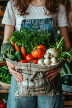 female Hands holding freshly picked vegetables in craft bag from a local farmer's market. ai generated