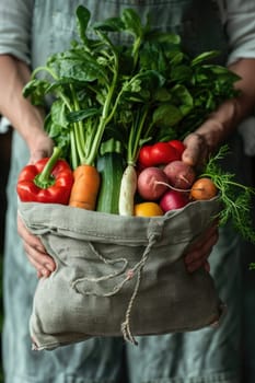 female Hands holding freshly picked vegetables in craft bag from a local farmer's market. ai generated