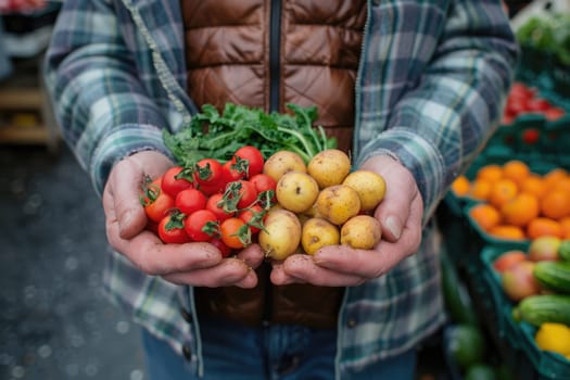 female Hands holding freshly picked vegetables from a local farmer's market. ai generated