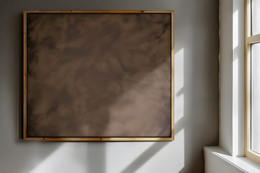 A rectangular wooden picture frame hangs on a plaster wall next to a window, showcasing a beautiful piece of art with various tints and shades