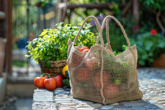 Cotton grocery tote bag with fresh vegetables, fruits, ai generated