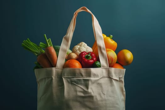 Cotton grocery tote bag with fresh vegetables, fruits, ai generated