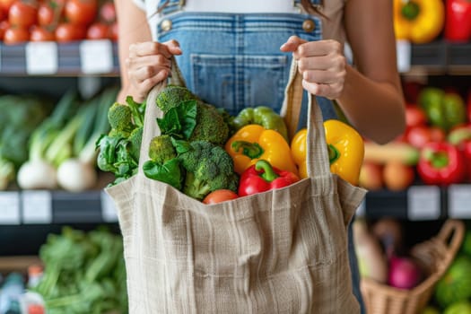 Cotton grocery tote bag with fresh vegetables, fruits, ai generated