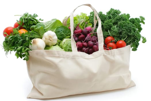 Cotton grocery tote bag with fresh vegetables, fruits, ai generated