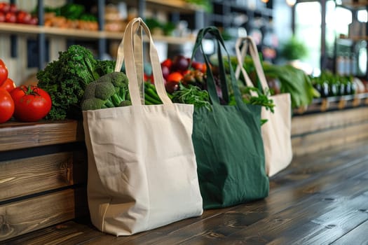 Cotton grocery tote bag with fresh vegetables, fruits, ai generated