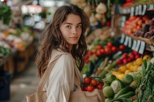 Cotton grocery tote bag with fresh vegetables, fruits, ai generated